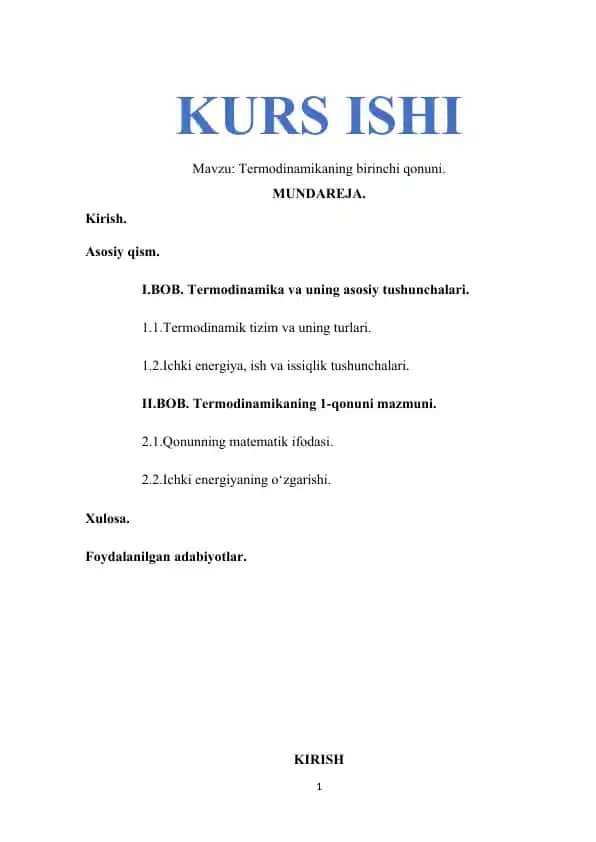 Termodinamikaning birinchi qonuni kurs ishi