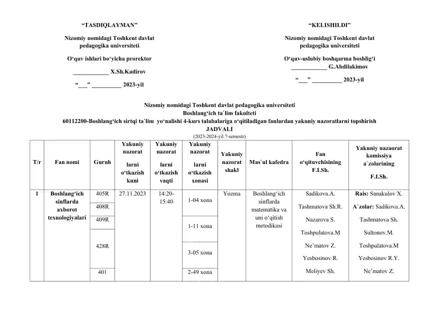 4-kurs Boshlang‘ich taʼlim sirtqi yo‘nalishi yakuniy nazoratlar jadvali (2023–2024, 7-semestr)