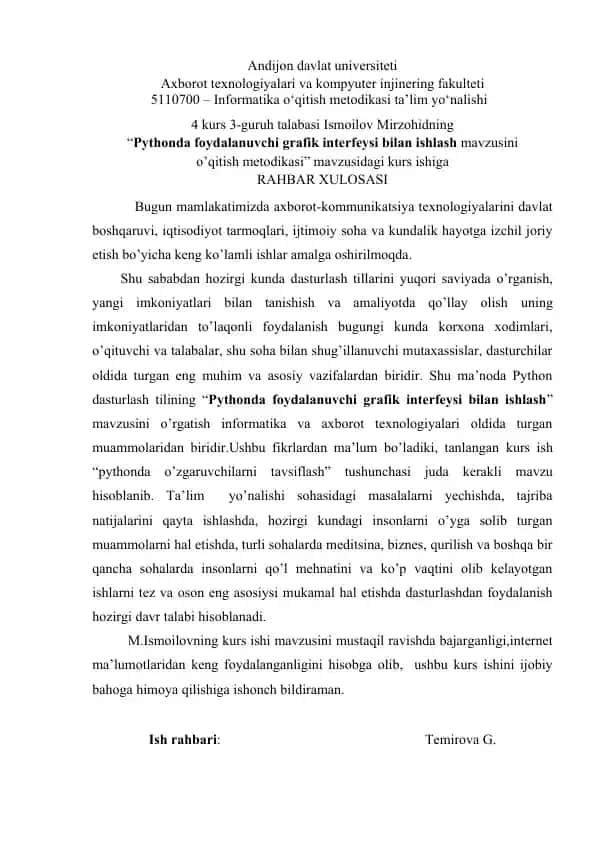 "Pythonda foydalanuvchi grafik interfeysi bilan ishlash mavzusini o’qitish metodikasi"