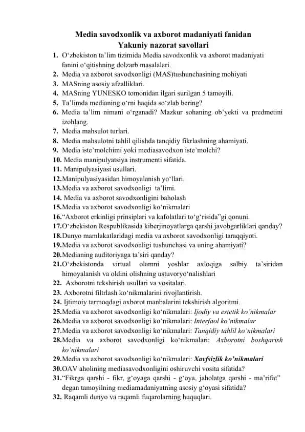 Media savodxonlik va axborot madaniyati fanidan yakuniy nazorat savollari