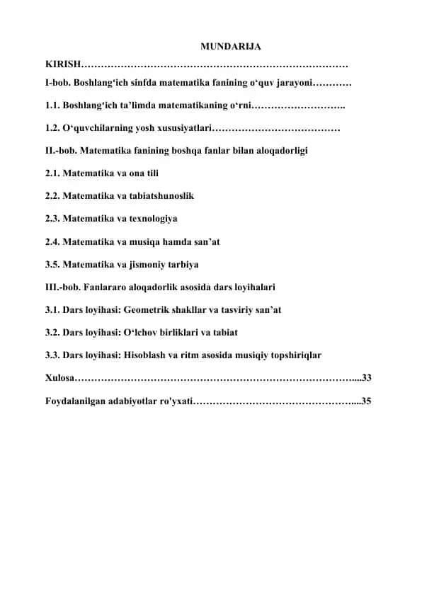 Matematika fanining o‘quv jarayoni