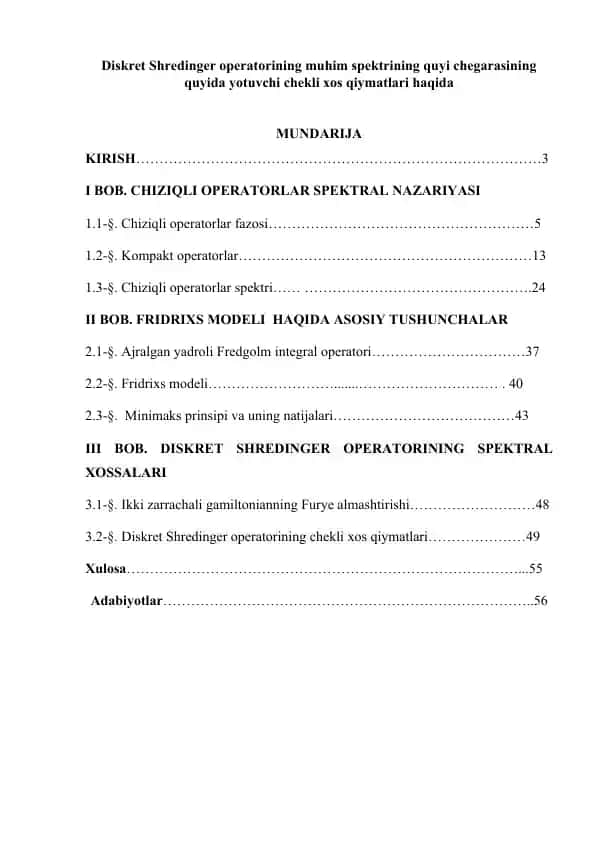 Diskret Shredinger operatorining muhim spektrining quyi chegarasining quyida yotuvchi chekli xos qiymatlari haqida