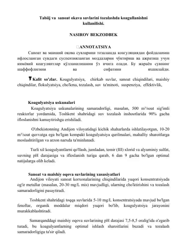 Koagulyatsiya uskunalari va koagulyantlar yordamida sanoat va maishiy oqova suvlarni tozalash