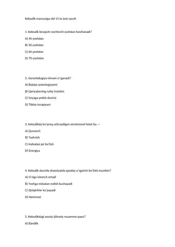 Keksalik mavzusiga oid 15 ta test savoli