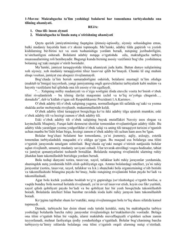 Ona tilining yoshidagi bolalarni tarbiyalashdagi ahamiyati