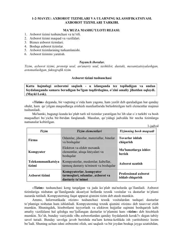 Axborot Tizimlari va Ularning Klassifikatsiyasi. Axborot Tizimlari Tarkibi