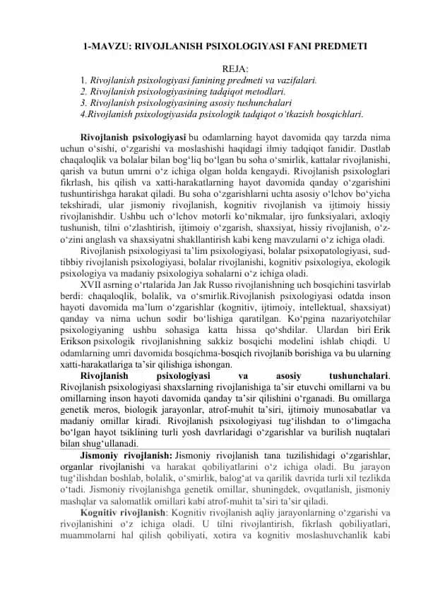 Rivojlanish Psixologiyasi Fani Predmeti