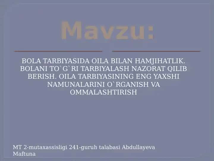 BOLA TARBIYASIDA OILA BILAN HAMJIHATLIK