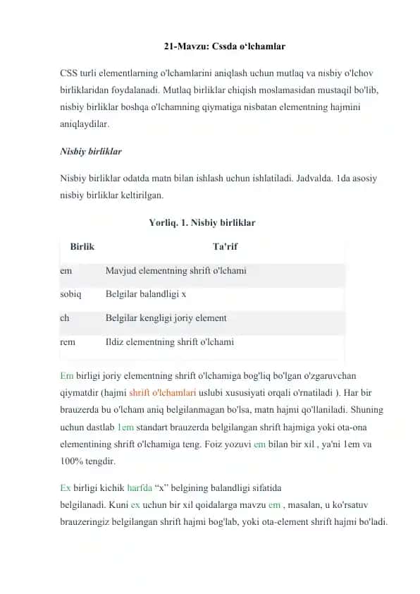 CSSda o‘lchamlar