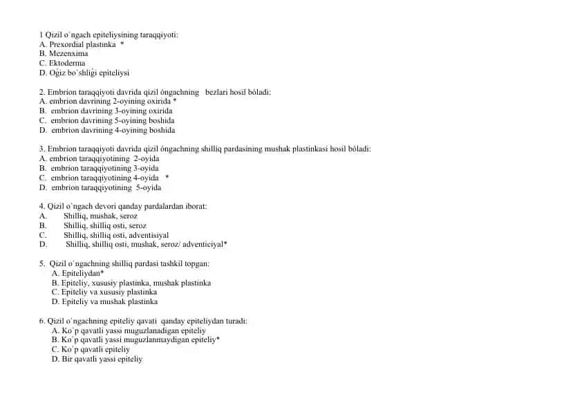 Qizil o`ngach epiteliysining taraqqiyoti