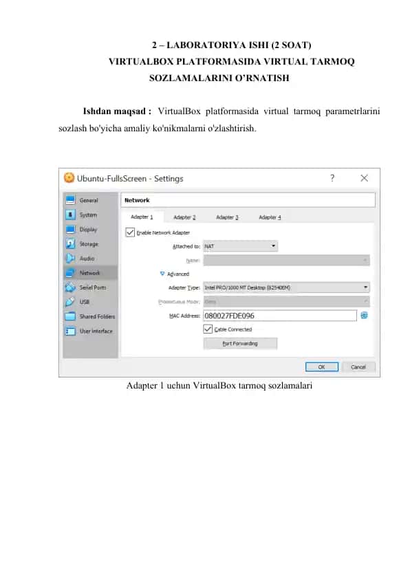 VirtualBox Platformasida Virtual Tarmoq Sozlamalari