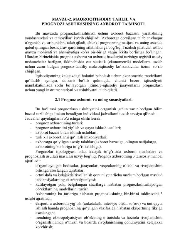 Prognozlash uslubiyatlari va axborot bazasi tuzilishi
