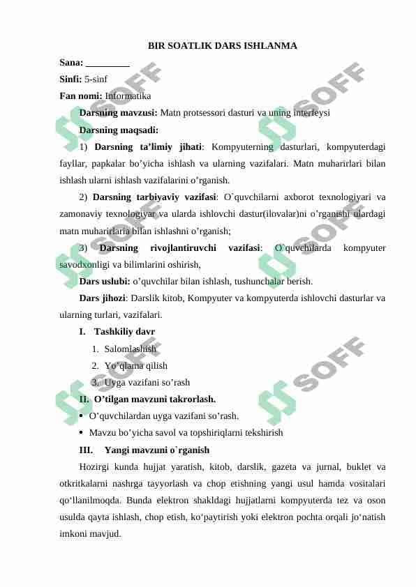 Matn muharir Microsoft Word dasturi bilan ishlash: Bir soatlik ochiq dars konspekti