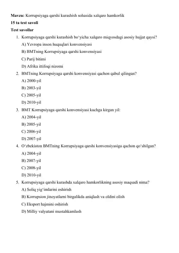 Korrupsiyaga qarshi kurashish sohasida xalqaro hamkorlik