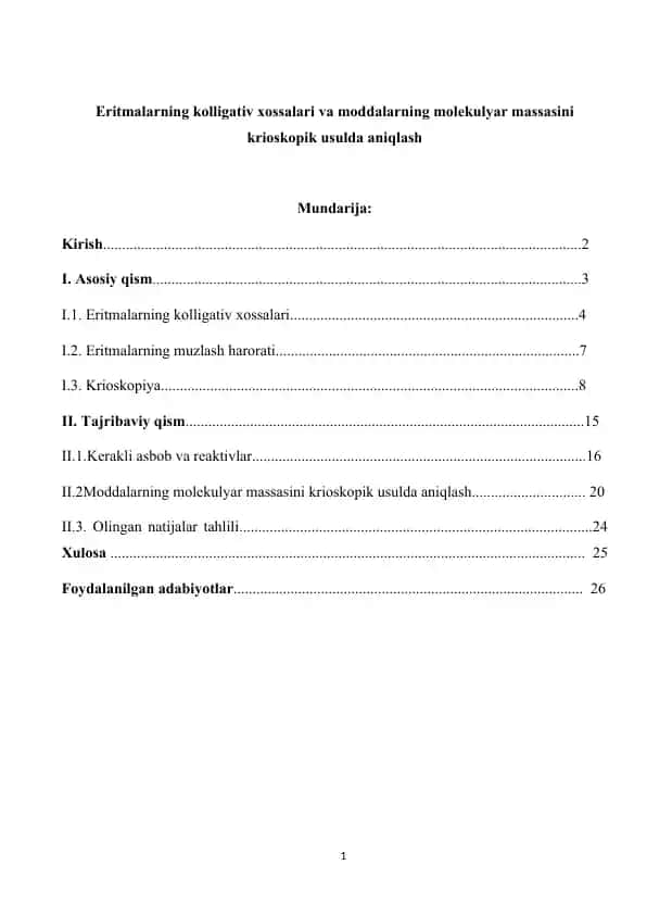 Eritmalarning kolligativ xossalari va moddalarning molekulyar massasini krioskopik usulda aniqlash