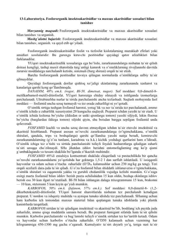 Fosfororganik insektoakaritsidlar va maxsus akaritsidlar xossalari bilan tanishuv