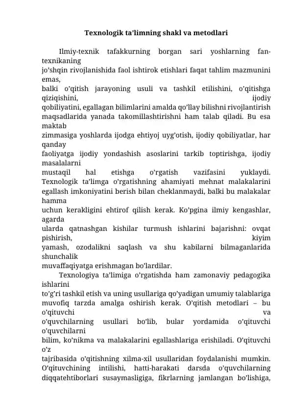 Texnologik ta'limning shakl va metodlari