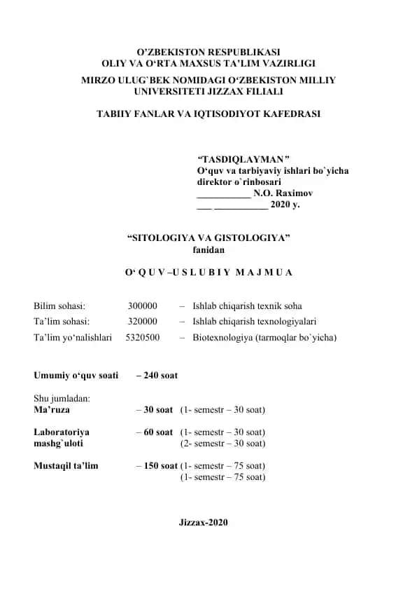 Sitologiya va Gistologiya fanining o'quv-uslubiy majmua
