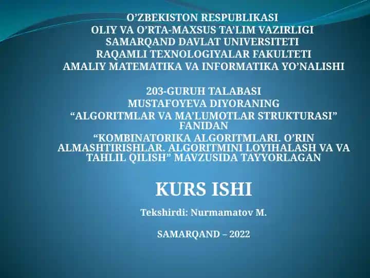 "ALGORITMLAR VA MA’LUMOTLAR STRUKTURASI" fanidan