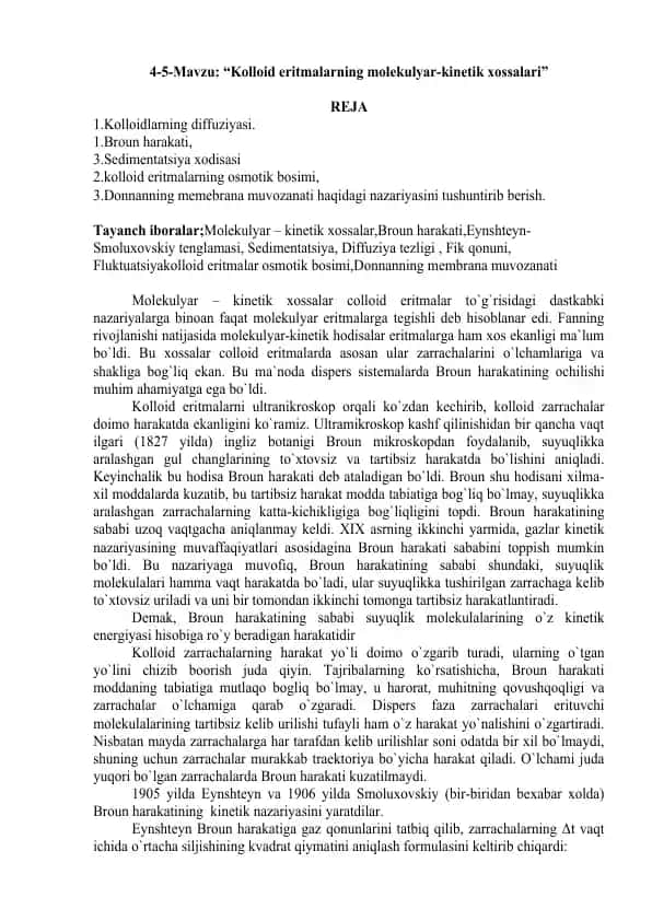 Kolloid eritmalarning molekulyar-kinetik xossalari