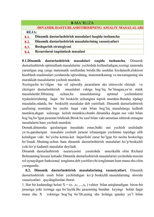Dinamik dasturlashtirishning amaliy masalalari