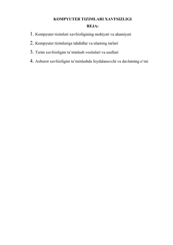 KOMPYUTER TIZIMLARI XAVFSIZLIGI