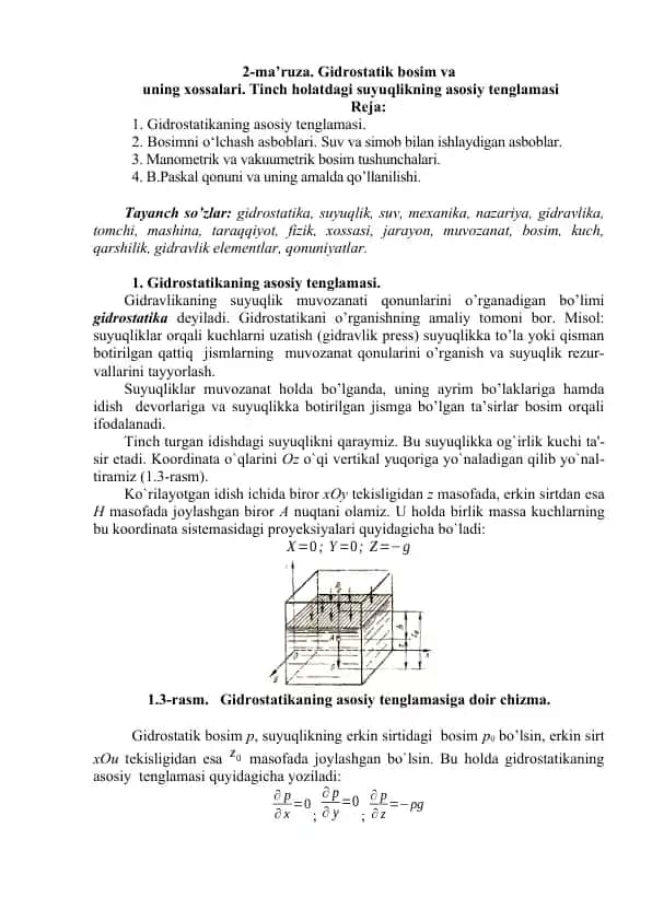 Gidrostatik bosim va uning xossalari