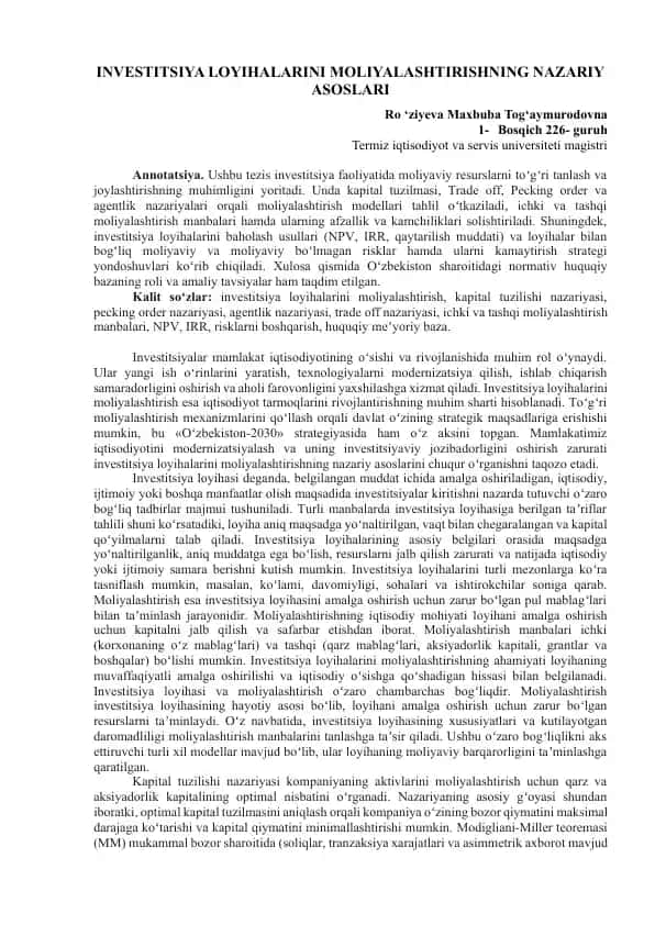 INVESTITSIYA LOYIHALARINI MOLIYALASHTIRISHNING NAZARIY ASOSLARI