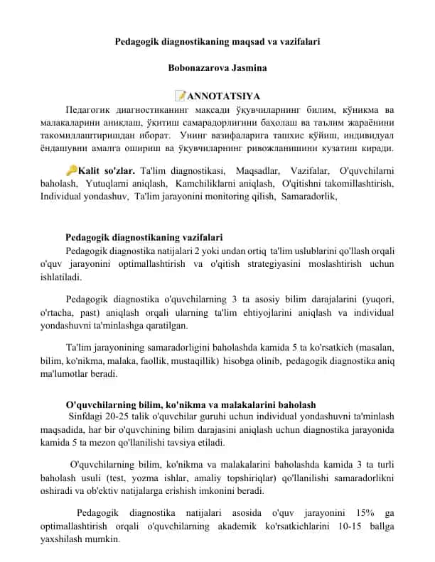 Pedagogik diagnostika vazifalari