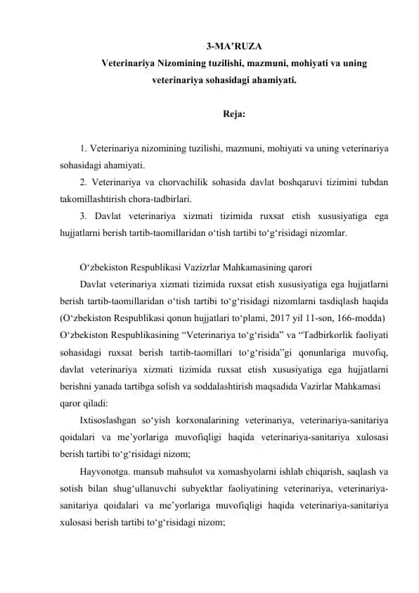 Veterinariya Nizomining tuzilishi, mazmuni, mohiyati va uning veterinariya sohasidagi ahamiyati