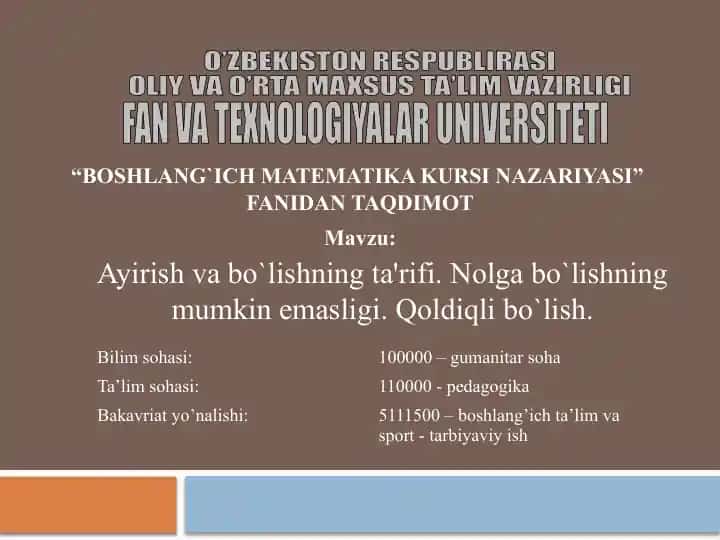 BOSHLANG`ICH MATEMATIKA KURSI NAZARIYASI