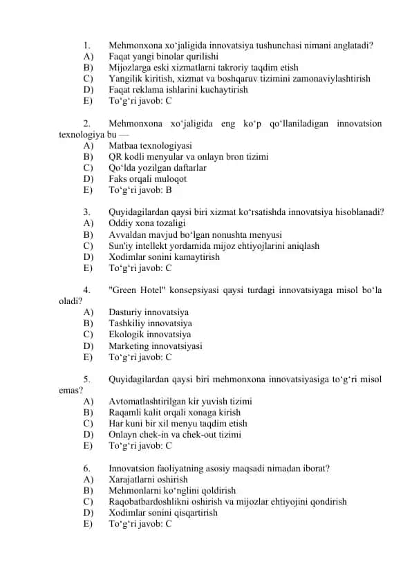 Mehmonxona xo'jaligida innovatsiya testlar to'plami
