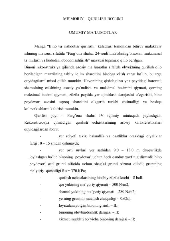 Bino va inshootlar qurilishi bitiruv malakaviy ishi