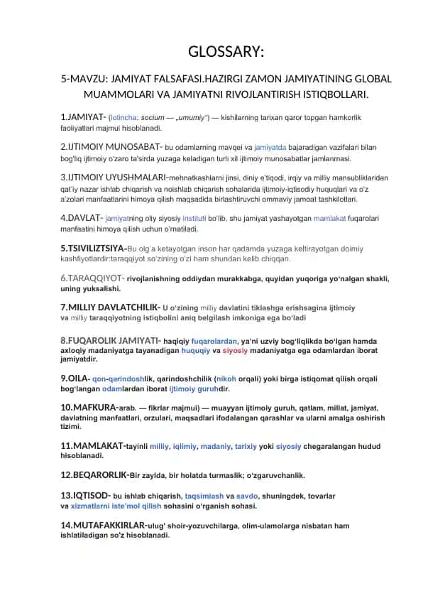 Jamiat falsafasi. Hozirgi zamon jamiyatining global muammolari va jamiyatni rivojlantirish istiqbollari