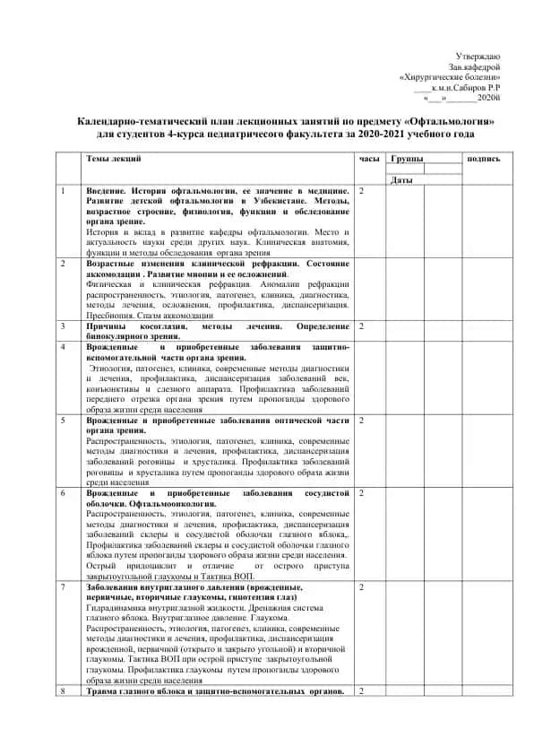 Kalendarino-tematicheskiy plan lektsionnykh zanyatiy po predmetu «Oftal'mologiya»