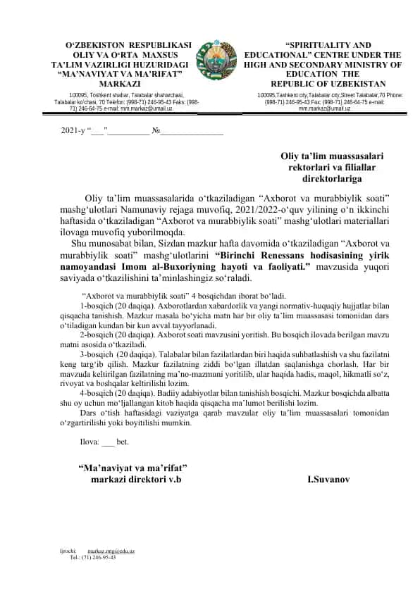 "Axborot va murabbiylik soati" mashg'ulotlari