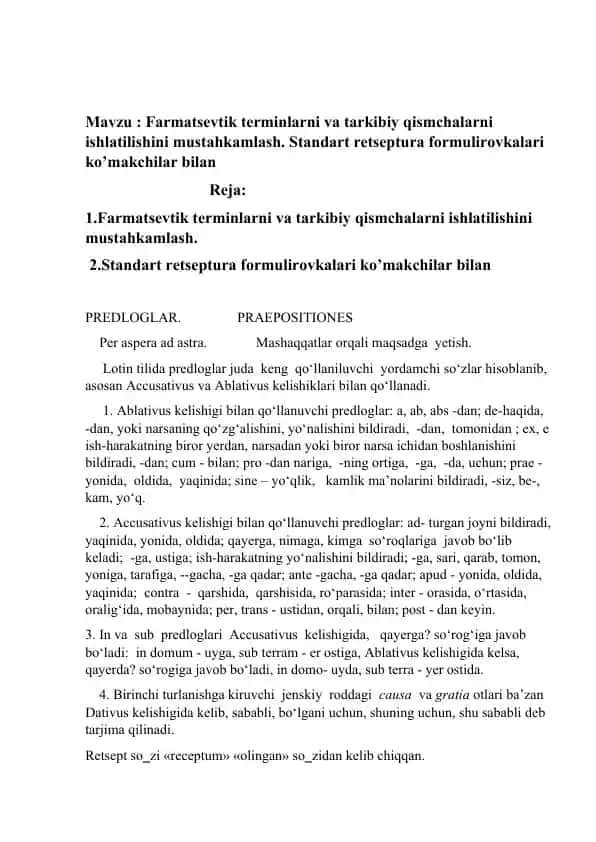 Farmatsevtik terminlarni va tarkibiy qismchalarni ishlatilishini mustahkamlash hamda standart retseptura formulirovkalari