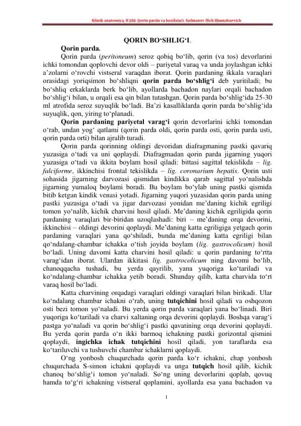 Klinik anatomiya, II jild. Qorin parda va hosilalari