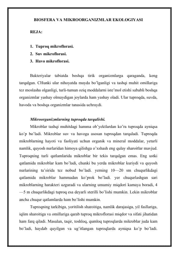 BIOSFERA VA MIKROORGANIZMLAR EKOLOGIYASI
