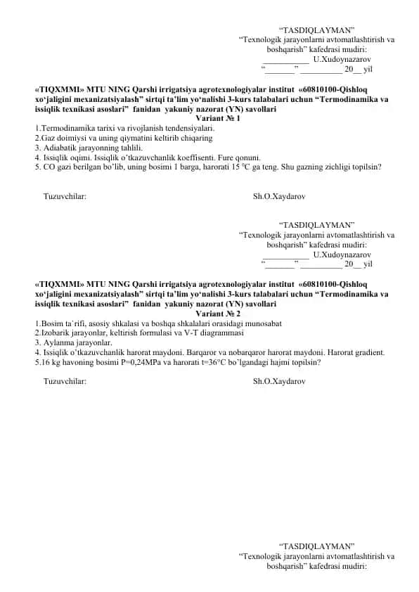 Termodinamika va Issiqlik Texnikasi Asoslari