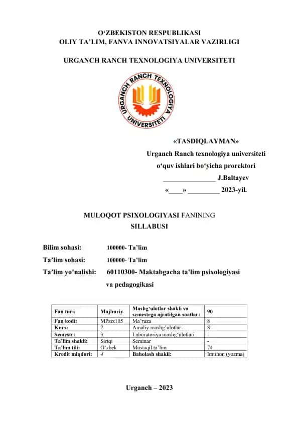 MULOQOT PSIXOLOGIYASI FANINING SILLABUSI