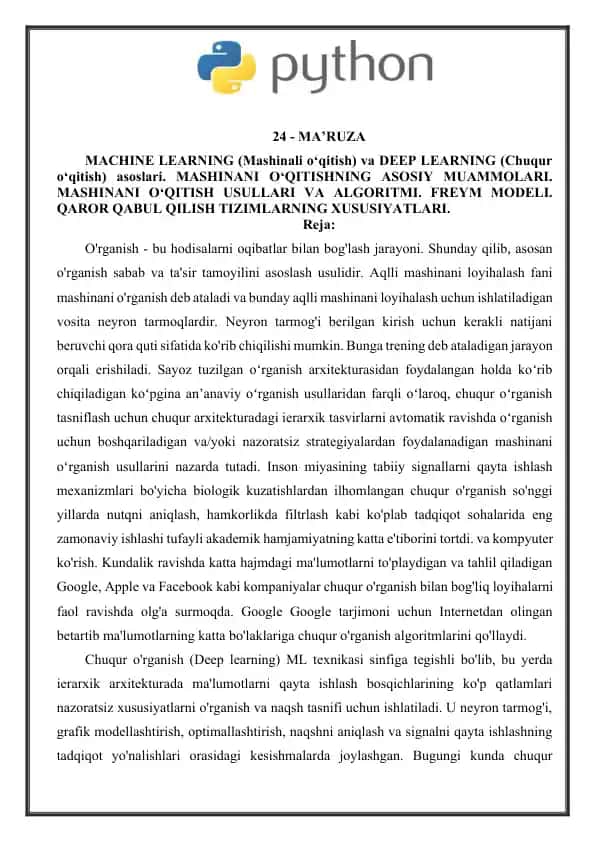 Machine Learning va Deep Learning asoslari