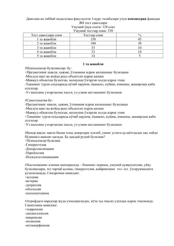 Даволаш ва тиббий педагогика факультети 5-курс талабалари учун психиатрия фанидан ЯН тест саволлари