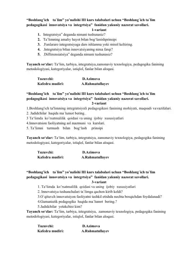 Boshlang’ich ta’lim pedagogikasi: Innovatsiya va integratsiya fanidan yakuniy nazorat savollari (1–8 variant)