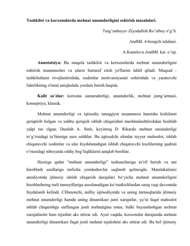 Tashkilot va korxonalarda mehnat unumdorligini oshirish masalalari