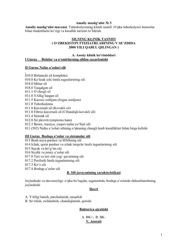 Tuberkulyozning klinik tasnifi
