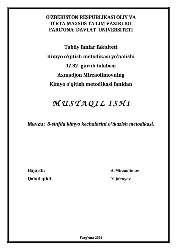 8-sinfda kimyo kechalarini o’tkazish metodikasi