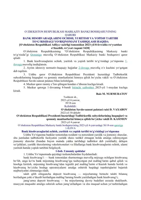 O‘zbekiston RESPUBLIKASI MARKAZIY BANKI BOShQARUVINING Qarori