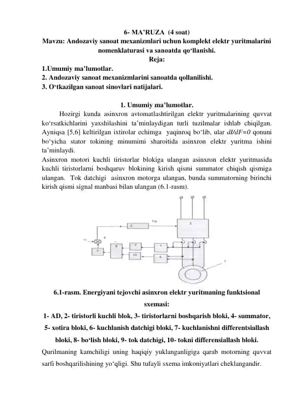 Andozaviy sanoat mexanizmlari uchun komplekt elektr yuritmalarini nomenklaturasi va sanoatda qo‘llanishi