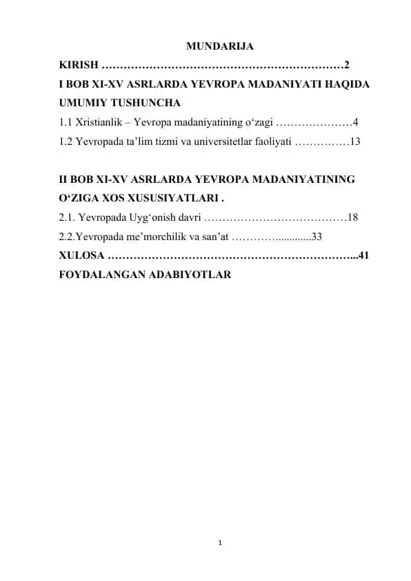 Yevropa madaniyatining XI-XV asrlarda o‘ziga xos xususiyatlari